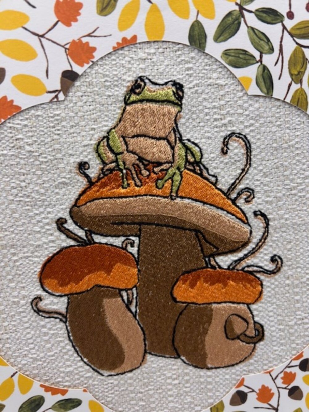 Homemade Frog On Mushroom 8X10 Framed Embroidery Art - Picture 2 of 6